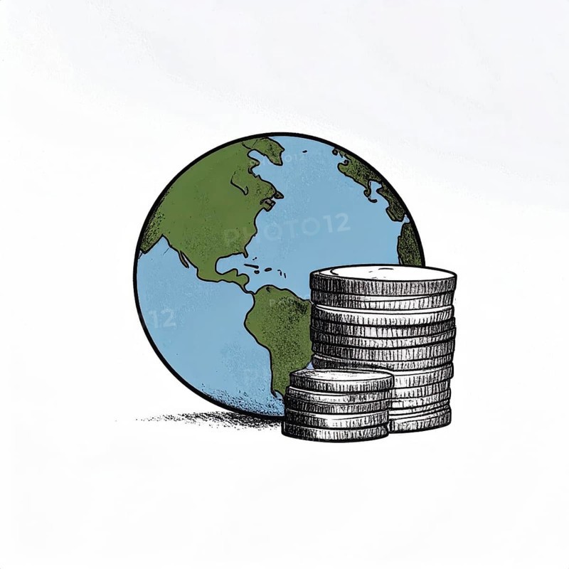Green earth globe with silver coin stack symbolizing global finance economy and sustainable growth, abstract geometric vector illustration, wallpaper template background, AI generated