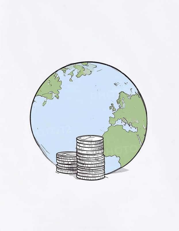 Green earth globe with silver coin stack symbolizing global finance economy and sustainable growth, abstract geometric vector illustration, wallpaper template background, AI generated
