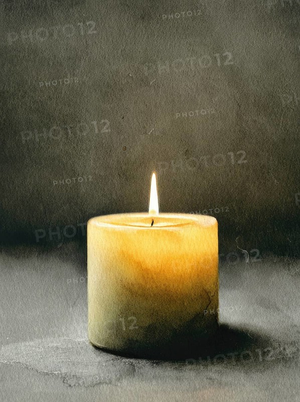 A candle is lit and sits on a table. The candle is yellow and the light is soft. AI generated