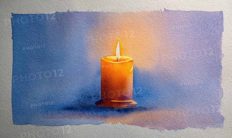 A candle is lit in a painting of a blue background. The candle is the main focus of the painting, and it creates a warm and cozy atmosphere. AI generated