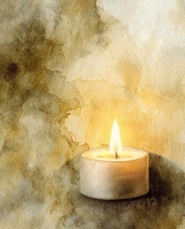 A candle is lit in a painting with a yellowish background. The candle is the main focus of the painting, and it creates a warm and cozy atmosphere. AI generated