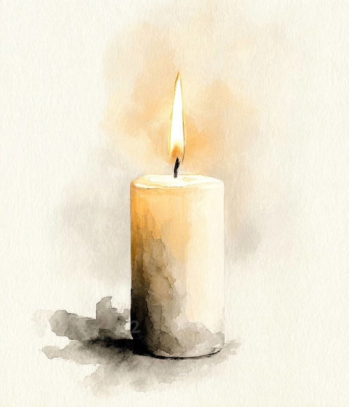 A candle is lit and the flame is yellow. The candle is in a painting and the painting is in watercolor. AI generated