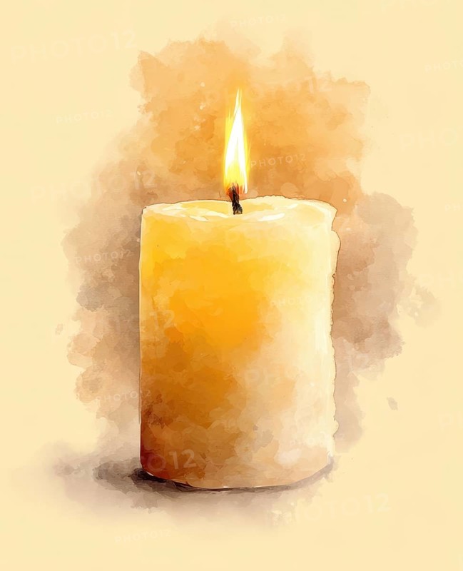 A candle is lit and is sitting on a table. The candle is yellow and the flame is small. The image has a warm and cozy feeling to it. AI generated