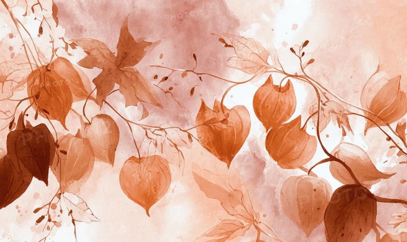 A painting of a tree with leaves and flowers in a pinkish orange color. The painting has a warm and inviting mood, with the colors. AI generated