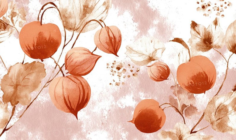 A painting of a bunch of orange flowers with leaves. The flowers are in various sizes and are scattered throughout the painting. AI generated