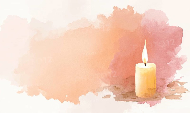 A candle is lit on a table with a watercolor background. The candle's light casts a warm glow on the table, creating a cozy and intimate atmosphere. AI generated