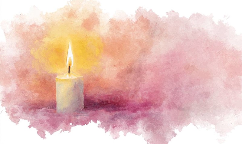A candle is lit in a painting with a pink background. The painting has a warm and calming mood, with the candle representing hope. AI generated