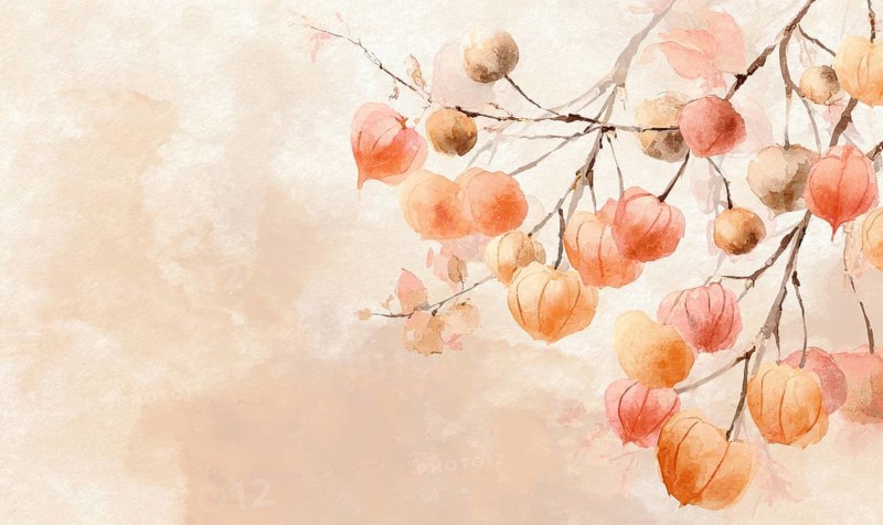 A painting of a tree with orange and red fruit hanging from it. The painting has a warm, inviting feel to it, with the bright colors of the fruit. AI generated