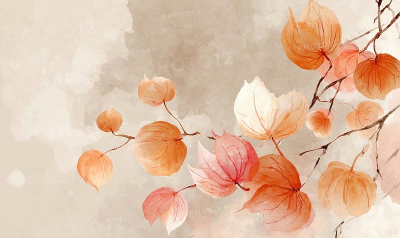 A watercolor painting of a tree branch with orange leaves. The painting has a serene and peaceful mood, with the orange leaves creating a warm. AI generated