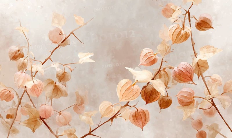 A painting of a branch with orange flowers on it. The painting has a warm and inviting mood. The brushstrokes are loose and expressive. AI generated