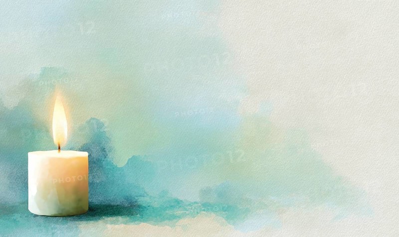A candle is lit on a table in front of a blue background. The candle is the main focus of the image, and it creates a warm and calming atmosphere. AI generated