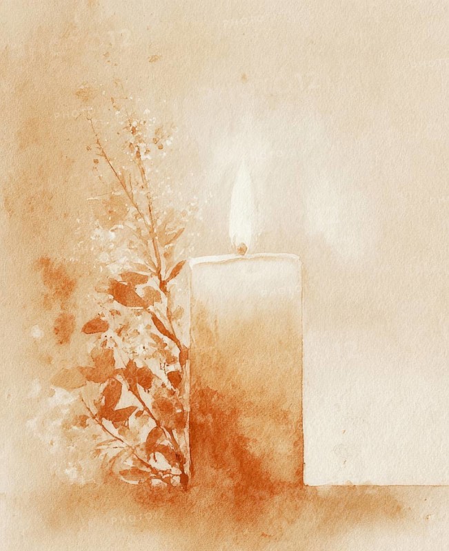A candle is lit in a painting of a candle. The candle is surrounded by leaves and the painting has a warm, cozy feeling. AI generated