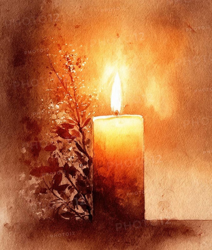 A candle is lit in a painting with a dark background. The candle is surrounded by flowers, which adds a sense of warmth and tranquility to the scene. AI generated