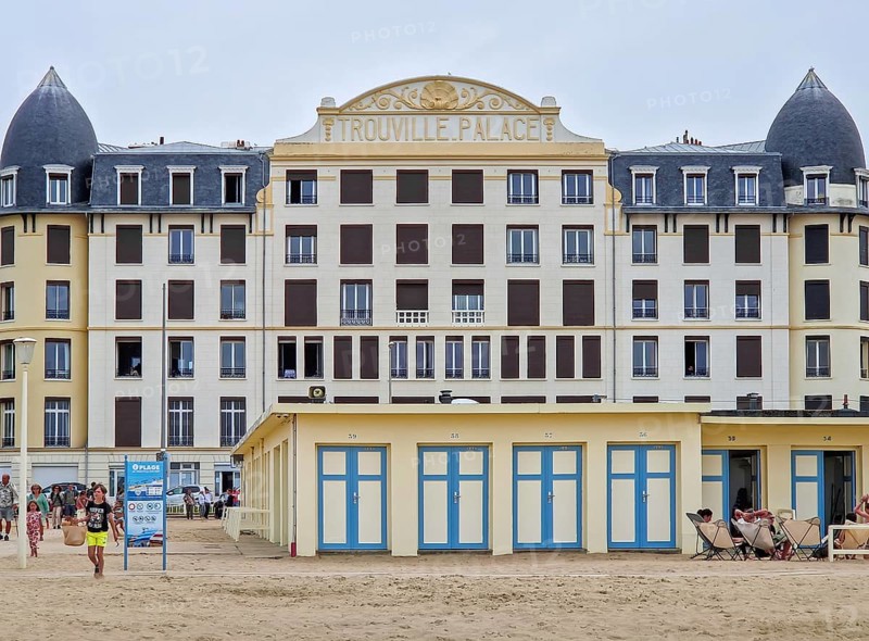 Trouville-sur-Mer, Normandy, France, May 31, 2025: the iconic Trouville Palace hotel, a grand, traditional seaside building marked by rows of windows with dark shutters, Trouville-sur-Mer, France