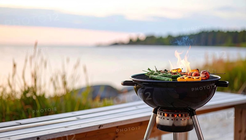 Cooking vegetables on grill outdoors, healthy lifestyle with healthy food, close up of grill with blurred background, soft golden light, picnic in the green park or garden, no people, AI generated