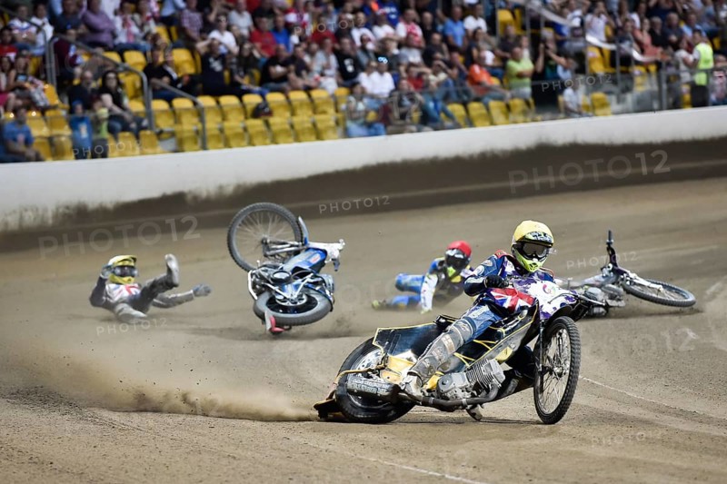 WROCLAW, POLAND - JULY 29, 2017: Speedway couple turnament race Sweden - United Kingdom during The World Games 2017. In action Craig Cook (W), Fredrik Lindgren (R) and Steve Worrall (Y)