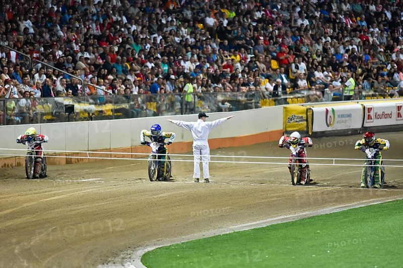 WROCLAW, POLAND - JULY 29, 2017: Speedway couple turnament race Denmark - Australia during The World Games 2017. In action Kenneth Bjerre (Y), Chris Holder (B), Niels-Kristian Iversen (W) and Jason Doyle (R)