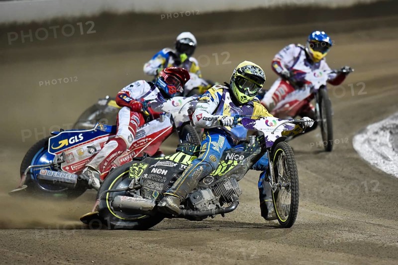 WROCLAW, POLAND - JULY 29, 2017: Speedway couple turnament race Poland - Sweden during The World Games 2017. In action Antonio Lindbaeck (Y), Maciej Janowski (B), Fredrik Lindgren (W) and Bartosz Zmarzlik (R)