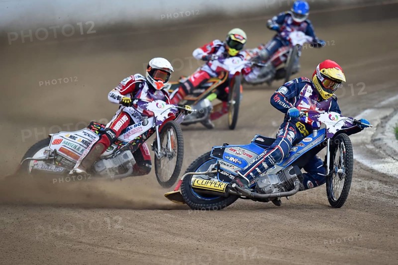WROCLAW, POLAND - JULY 29, 2017: Speedway couple turnament race United Kingdom - Denmark during The World Games 2017. In action Craig Cook (R), Niels-Kristian Iversen (W), Kenneth Bjere (Y) and Robert Lambert (B)
