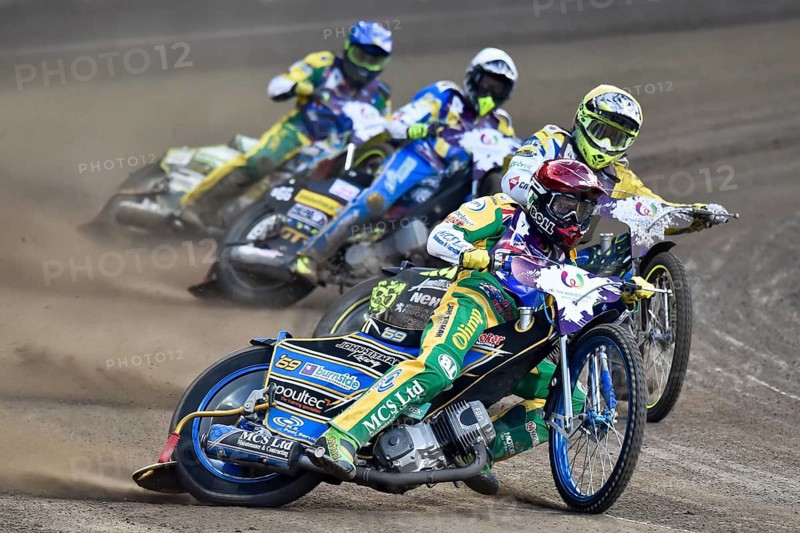 WROCLAW, POLAND - JULY 29, 2017: Speedway couple turnament race Sweden - Australia during The World Games 2017. In action Jason Doyle (R) and Antonio Lindbaeck (Y)
