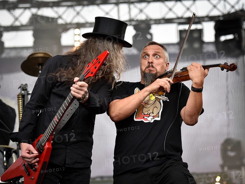 WROCLAW, POLAND - AUGUST 29, 2016: Pawel Grzegorczyk (L) and Michal Jelonek (R) from band Hunter during festival wROCK for freedom