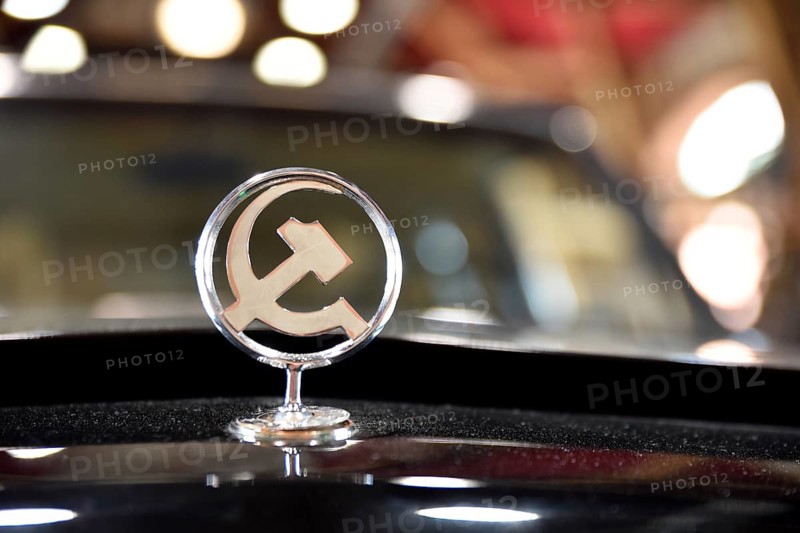 TOPACZ, POLAND - JUNE 25, 2017: Sickle and hammer detail of Laz - old soviet car in the Automobile Museum in Topacz near Wroclaw