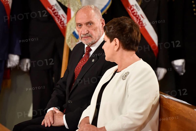LUBIN, POLAND - AUGUST 31, 2017: Celebrations of the 35th anniversary of the Lubin Crime and the 37th anniversary of the founding Solidarnosc. Minister of National Defence Antoni MAcierewicz (L) and Polish Prime Minister Beata Szydlo (R)