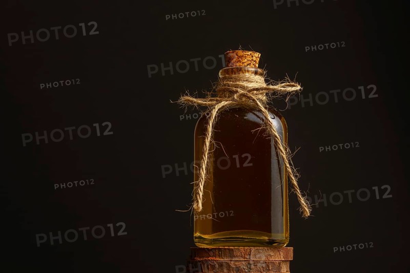 Close-up of a glass bottle with cork stopper and raffia rope with rosemary oil on a dark background