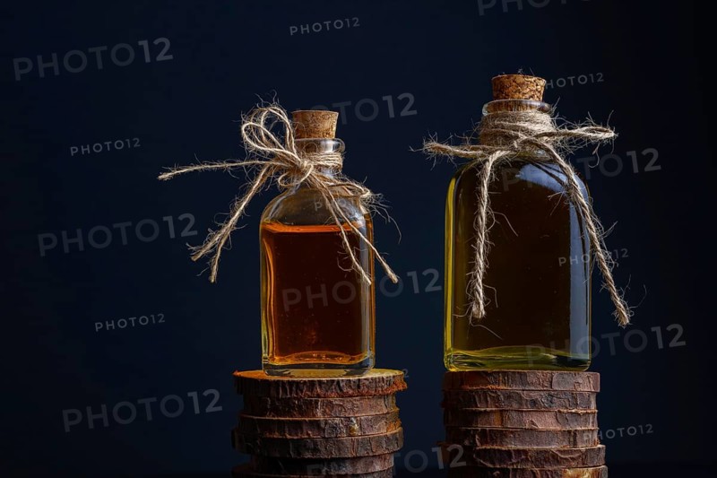 Close-up of two glass bottles with cork stopper and raffia string with rosemary oil and rose oil on a dark background