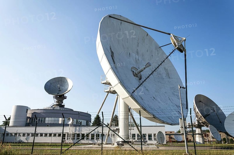 Barbed wire fence around satellite links center with telecommunication tower equipped with radar antennas, cybercrime and cybersecurity concept Prague, Czech republic