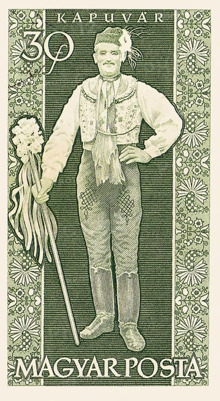 An old vintage Hungarian postage stamp depicting a man in traditional clothing from the town of Kapuvár. Hungary
