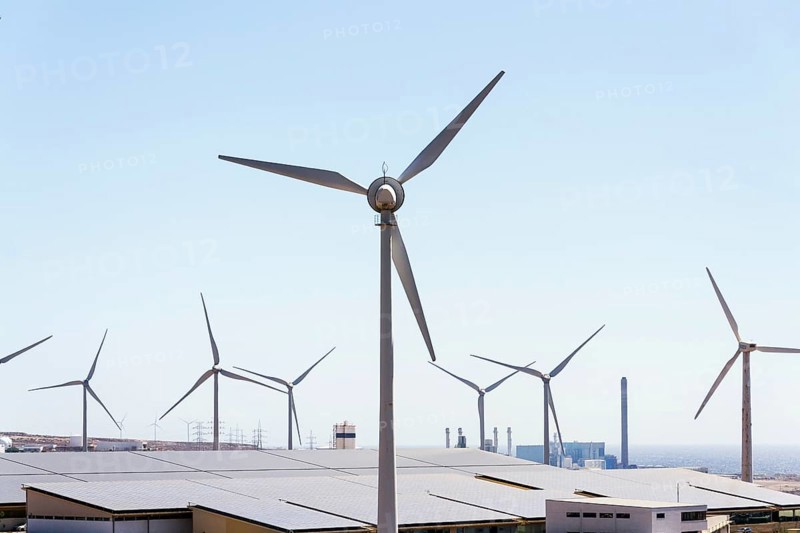 White turbines at wind farm with power station and sea in background, arid landscape on sunny summer day, sustainable renewable electricity concept, Tenerife, Spain