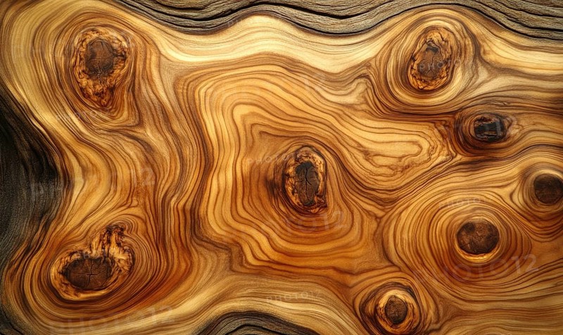 Wood surface with prominent knots and swirling grain patterns in warm tones. AI generated