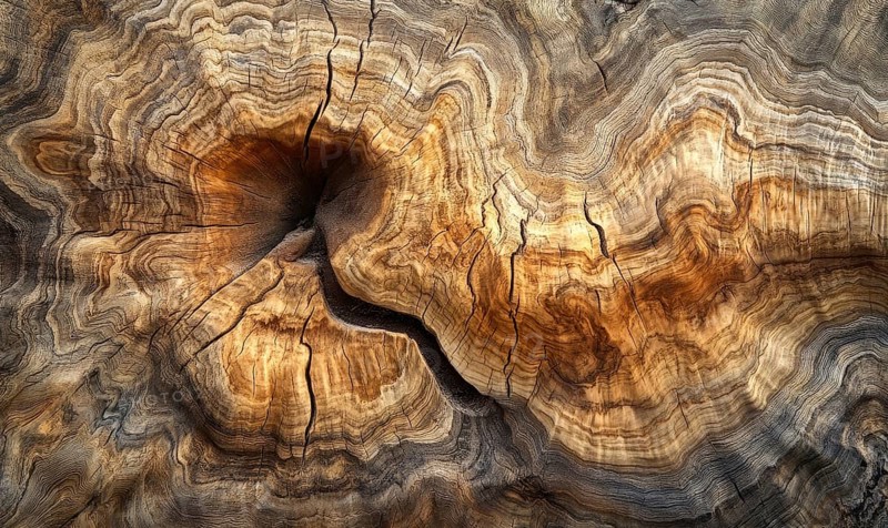 Close-up of wood texture showing intricate tree rings and natural patterns in earthy tones. AI generated