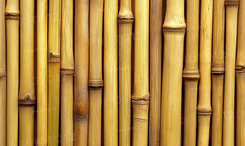 A row of bamboo sticks are shown in a close up. The sticks are brown and appear to be weathered. Concept of rustic charm and natural beauty AI generated