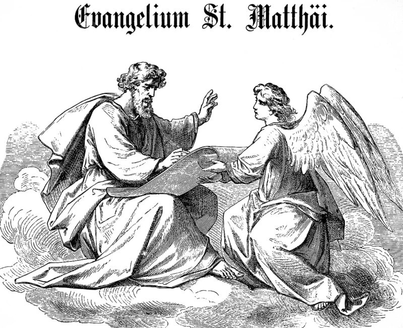 Introductory picture to the Gospel of Matthew, chapter 1, God, angel, scroll, pen, writing, New Testament, Bible, historical illustration 1877