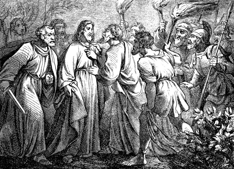 Capture of Jesus by the traitor Judas at the court Sethesemane, Gospel of Matthew, chapter 26, torches, fighters, weapons, swords, lances, helmets, disciples of Jesus, high priest Caiaphas, scribes, speaking false witness, betrayal, New Testament, Bible, historical illustration 1877