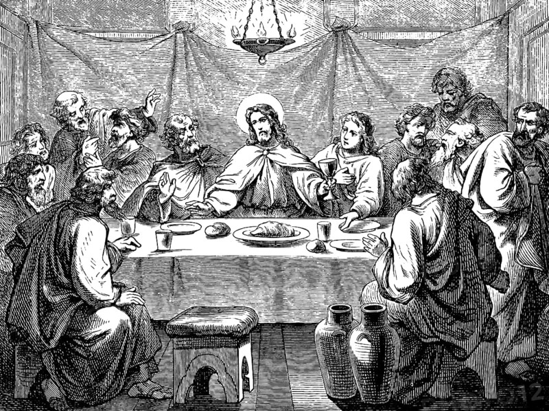 The last meal of Jesus with his disciples, truly one will betray me, woman with glass of water, table set, Gospel of Matthew, chapter 26, preaching the Gospel, Judas Iscariot the traitor, oil lamp, room, Easter, sacrifice, Easter lamb, New Testament, Bible, historical illustration 1877