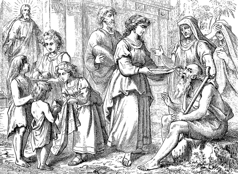What you did to one of these least you did with, Gospel of Matthew, chapter 25, Jesus with a halo, feeding the poor, children, woman, adults, fruit, eating, sick people, doing good, God's mercy, New Testament, Bible, historical illustration 1877