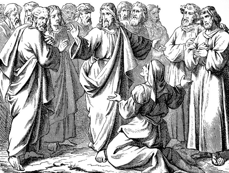 Request Salome, mother of two sons, take the sons into your kingdom, on the right and on the left, drink chalice, baptism, Jerusalem, disciples of Jesus, Gospel of Matthew, chapter 20, New Testament, Bible, historical illustration 1877