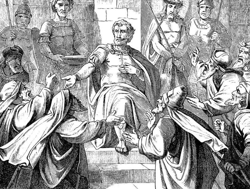 The governor Pilate in the judgment seat, the people demand Jesus crucifixion, Jesus bound with halo, people scream, excitement, demand, death, Barabbas, Gospel of Matthew, chapter 27, New Testament, Bible, historical illustration 1877