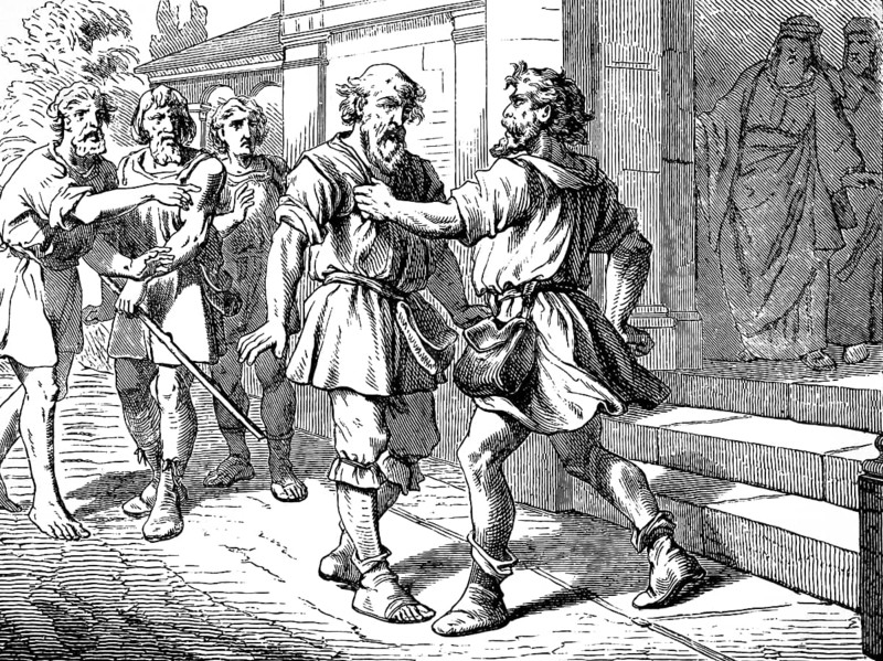 The great debtor's relentlessness against the servant, debt, debtor and creditor, anger, servants, impatience, strangling, threatening, poverty, prison, anger, heartless, Gospel of Matthew, chapter 18, New Testament, Bible, historical illustration 1877