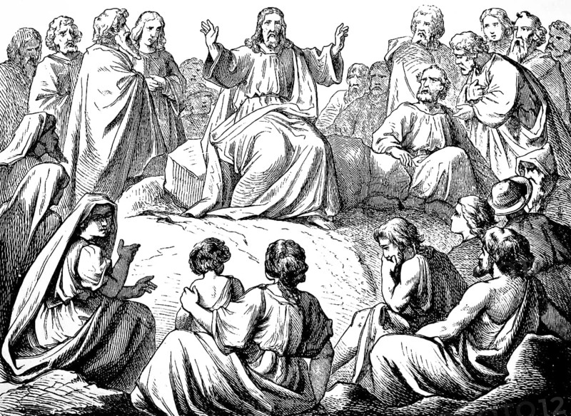 The Sermon on the Mount, Blessed Are Those Who Are Spiritually Poor, Salt of the Earth, Speech to the Disciples of Jesus, Listener, Justice, Mercy, Hunger, Thirst, Sitting, Gospel of Matthew, Chapter 5, New Testament, Bible, Historical Illustration 1877