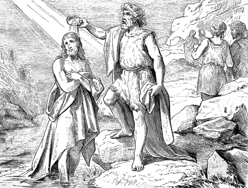 John the Baptist baptizes Jesus, Gospel of Matthew, chapter 3, purification baptism, Jordan, ray of light, Spirit of God, New Testament, Bible, historical illustration 1877