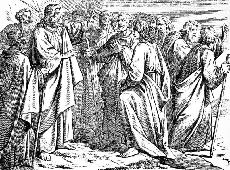 The sending of the twelve apostles, granting authority and instruction, Gospel of Matthew, chapter 10, disciples, Simon, Peter, John, Barttholomew, Simon of Canaa, Judas, go to the house of Israel, the Kingdom of Heaven is near, halo, New Testament, Bible, historical illustration 1877