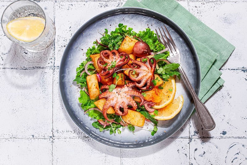 Warm grilled octopus salad with potatoes and fresh herbs, on a stylish plate, homemade