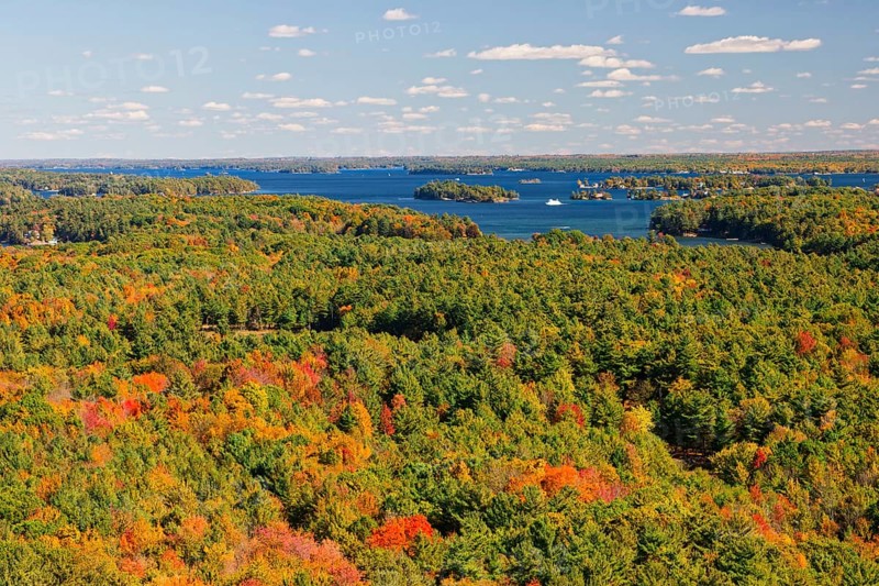 Autumnal riverscape, the 1000 Islands in the Saint Lawrence River, Province of Ontario, Canada