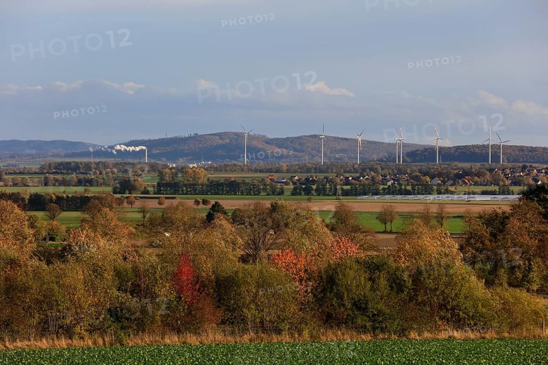 View towards Hildesheim with Nordzucker sugar factory, wind turbines, Lüdersen mountain village, city of Springe, Hanover region, Lower Saxony, Germany