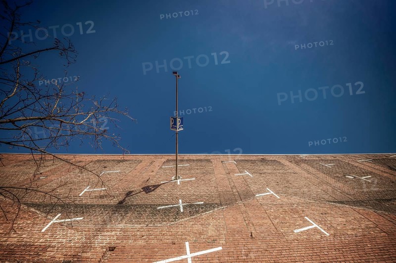 From a frog's eye view, the steep brick parking lot in Cologne's residential park looks almost like a vertical wall, residential park, Cologne, North Rhine-Westphalia, Germany