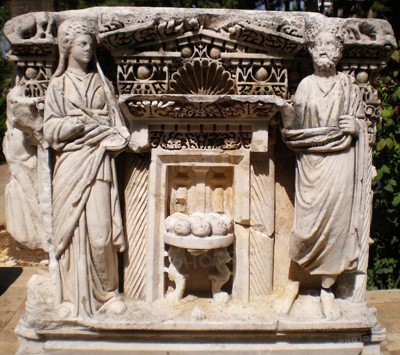 Ancient relief engravings composition with statues (eras of ancient Greece) in the pavilion of the Historical Museum. A famous landmark of the Mediterranean coast of Antalya province. Antalya, Turkey